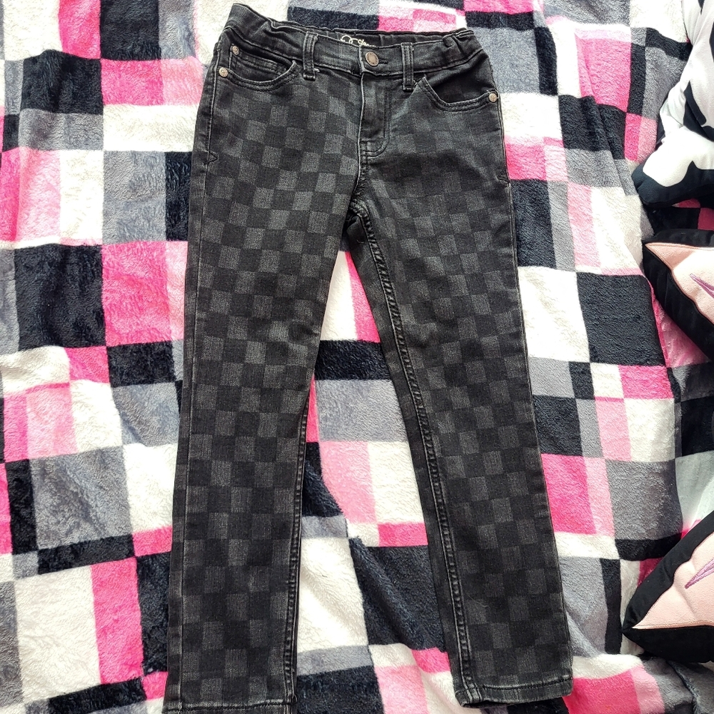 Cropped Dark grey gray check checkered skinny jeans capri